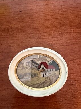 Vintage Oblong Framed Needlepoint Cottage Wall Art in Cream Frame